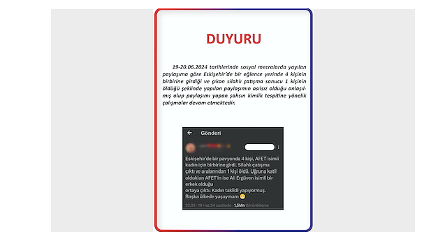 Eskişehir'de cinayet işlendiğine dair asılsız paylaşım hakkında soruşturma başlatıldı