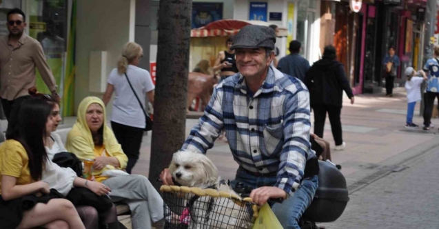 Köpeğini bisikletinin sepetine koyup güzel havanın tadını çıkardı